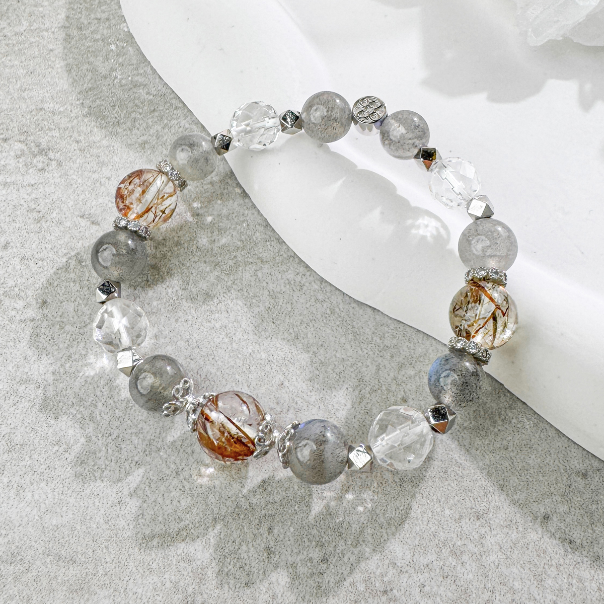 天然石│黑金超七 ‧ 拉長石 ‧ 白水晶│相知相惜 ‧ 水晶手串