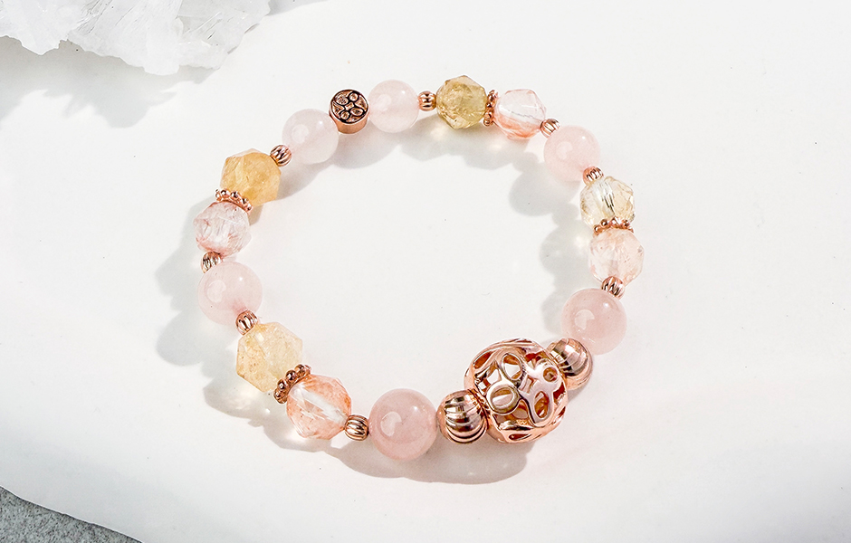 天然石│粉水晶 ‧ 紅膠花 ‧ 黃水晶│暖光之戀 ‧ 水晶手串