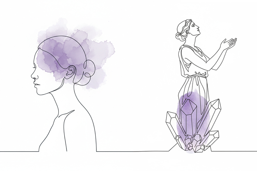 GIFT ACC. 二月誕生石紫水晶插畫：左圖描繪象徵智慧與專注的眉心輪能量意象；右圖演繹希臘神話中少女Amethyst向月神祈禱並化身為水晶的守護傳說。