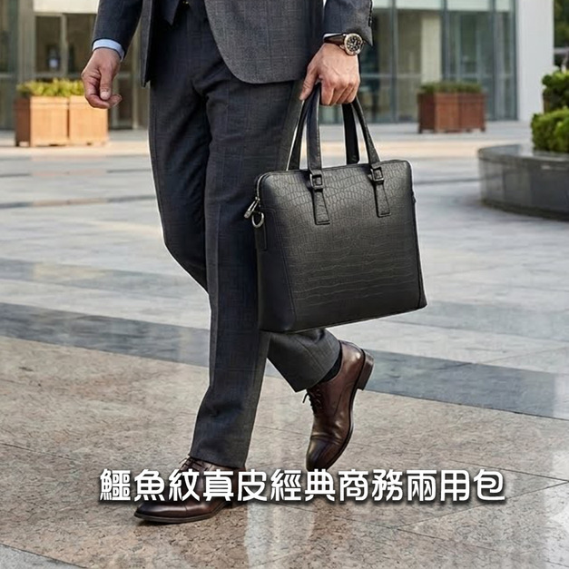 【BONum】個性鱷魚紋真皮雙主袋經典商務兩用包公事包