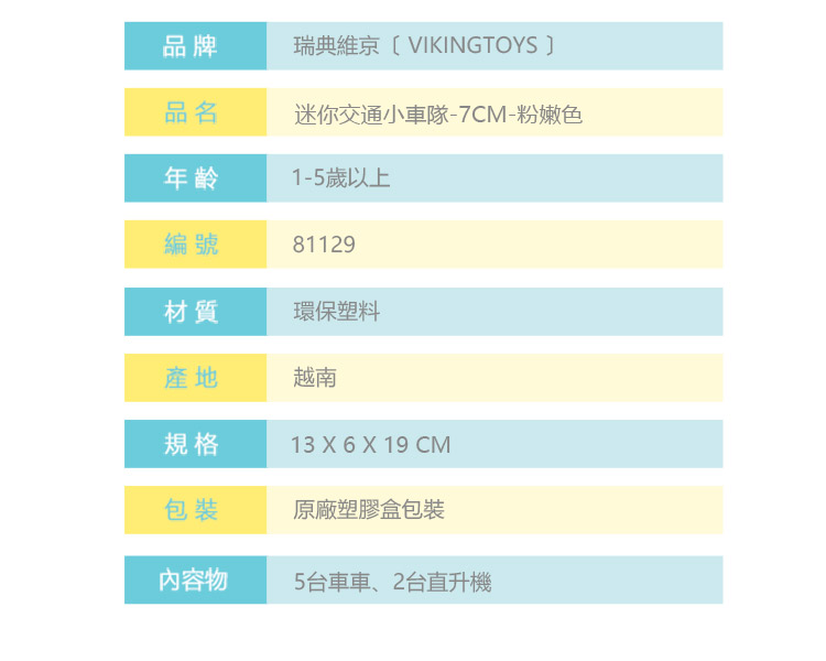 瑞典Viking toys - 迷你交通小車隊(7件組)-7cm(粉嫩色)