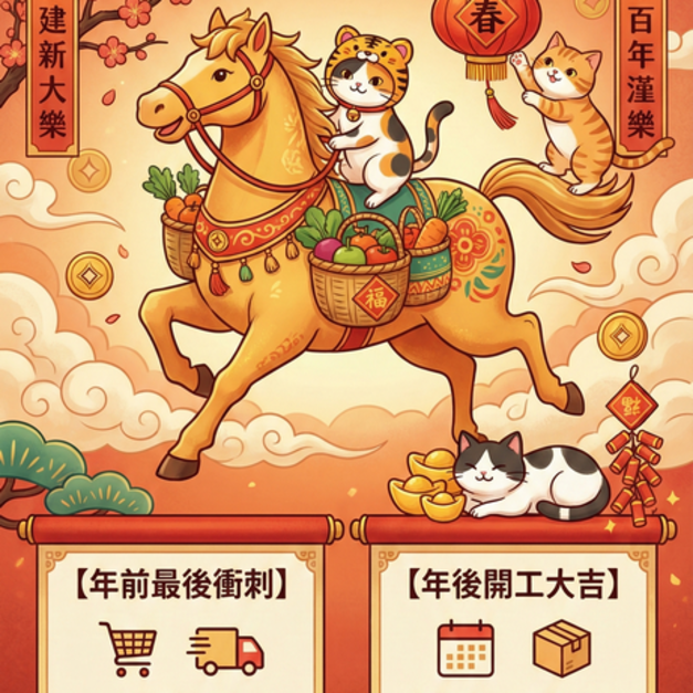 2026/02/7~2026/02/24&nbsp; 年節公休唷! &nbsp;這段期間商品會統一於02/24後出貨，造成不便請見諒~~