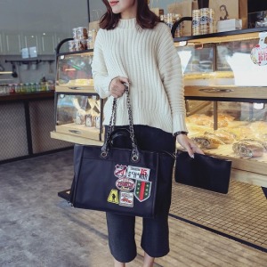 個性拼布混搭鍊條手提包(內附小包)-DoubleBear