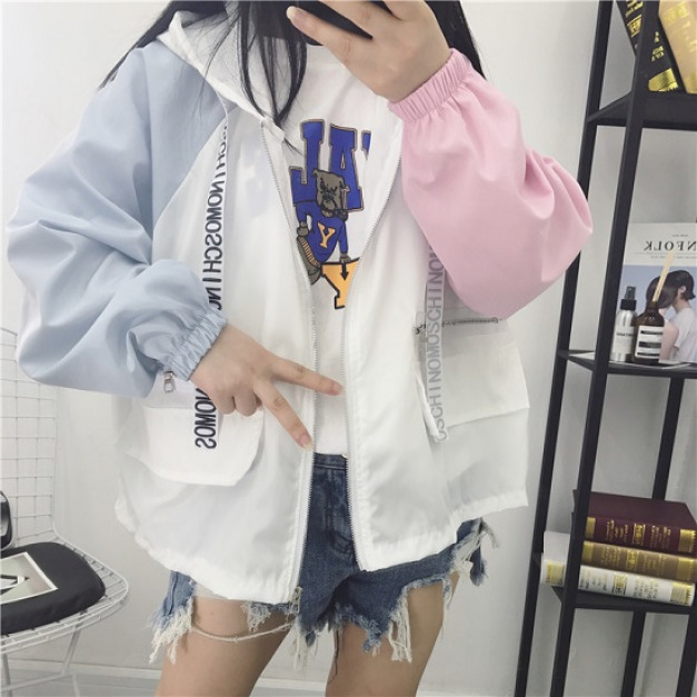 左右雙色袖子連帽防曬外套-DoubleBear