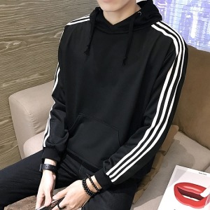 素色口袋三線條長袖帽T-DoubleBear