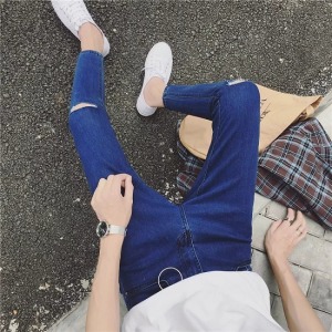 牛仔刷破圓環九分褲-DoubleBear