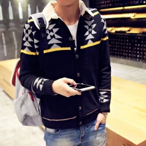 幾何拼貼翻領毛衣外套-DoubleBear