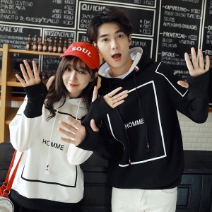 HOMME黑白情侶套指連帽上衣-DoubleBear