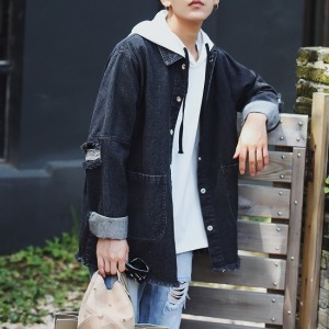 帥氣刷破圓環牛仔外套-DoubleBear