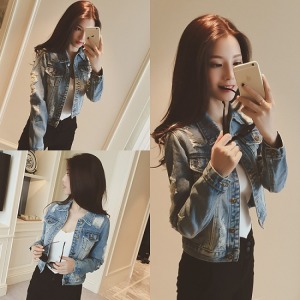 貓抓刷破修身單寧外套-DoubleBear