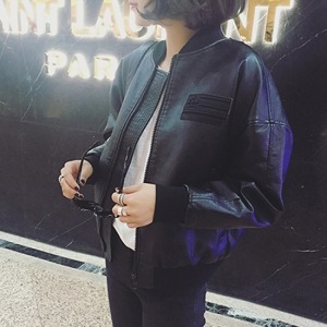 韓風PU皮質短版棒球外套-DoubleBear