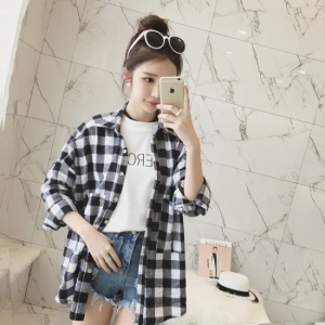 男友風輕便黑白格子襯衫-DoubleBear