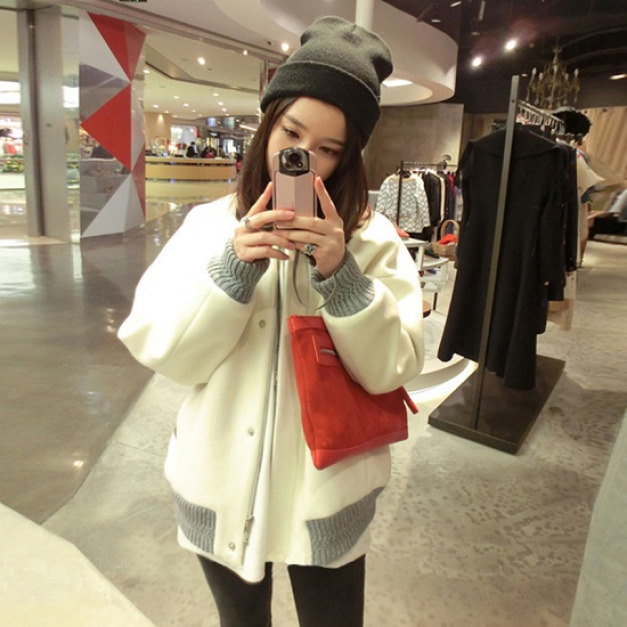 秋冬加絨灰白柔軟棒球外套-DoubleBear