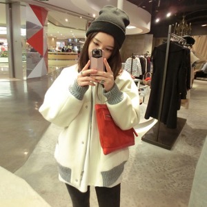 秋冬加絨灰白柔軟棒球外套-DoubleBear