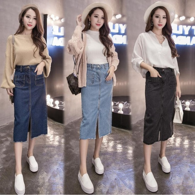 開高叉雙口袋長版單寧裙-DoubleBear