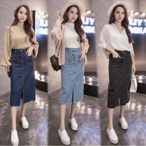 開高叉雙口袋長版單寧裙-DoubleBear