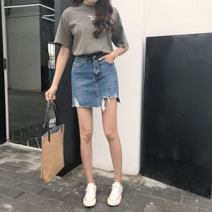 不規則破洞高腰牛仔短裙-DoubleBear