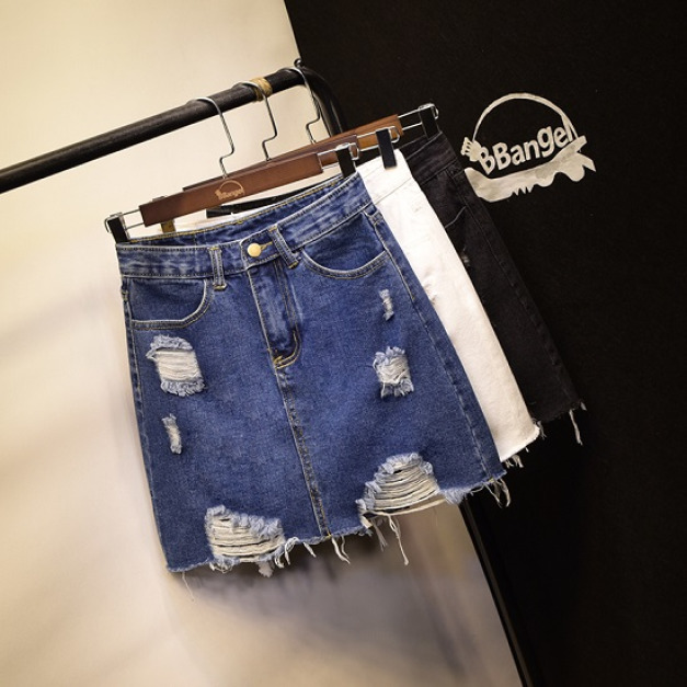 簡約刷破牛仔A字裙-DoubleBear