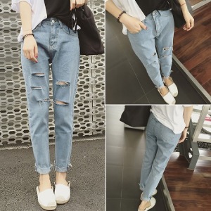 男友風破洞寬鬆哈倫牛仔褲-DoubleBear