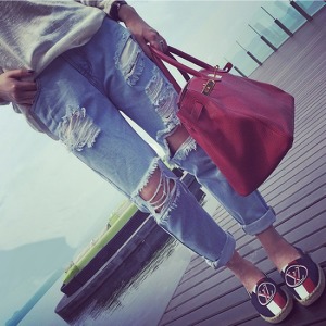 個性誇張刷破直筒九分褲-DoubleBear