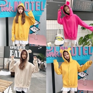 萌系假兩件耳朵連帽上衣-DoubleBear
