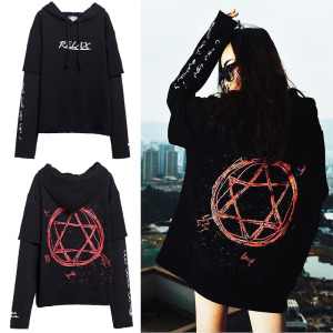 原宿嘻哈假兩件星陣圖帽T-DoubleBear