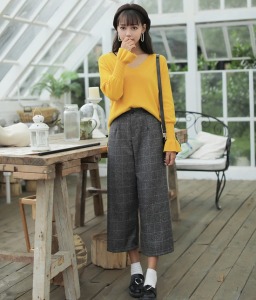 復古風格子 九分寬褲-DoubleBear