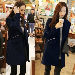 韓國修身拉鍊毛呢大衣-DoubleBear