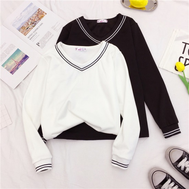 素面雙線V領長袖上衣-DoubleBear