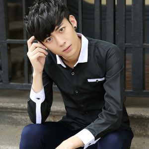 假口袋黑白型男襯衫-DoubleBear