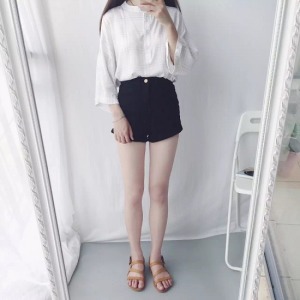 韓版高腰休閒黑色短褲-DoubleBear