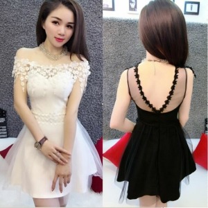 一字領蕾絲花邊小蓬裙-DoubleBear