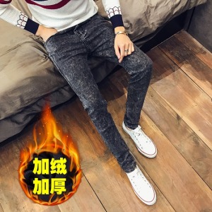 雪花做舊黑灰牛仔長褲-DoubleBear