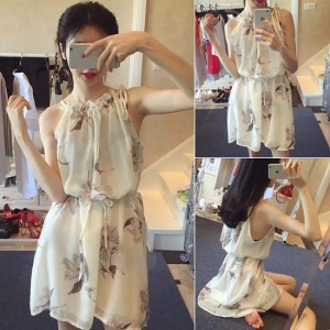 無袖露肩雪紡連身裙-DoubleBear