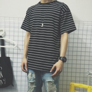 日系條紋寬鬆短袖上衣-DoubleBear