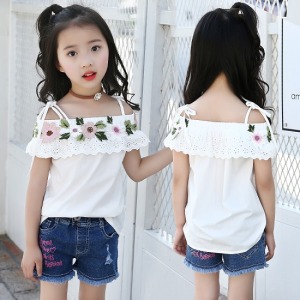 氣質一字領花朵短袖上衣-DoubleBear