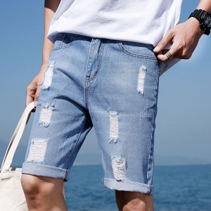 刷破反摺五分牛仔短褲-DoubleBear