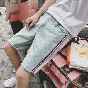 水洗紅白藍線條圓環單寧褲-DoubleBear