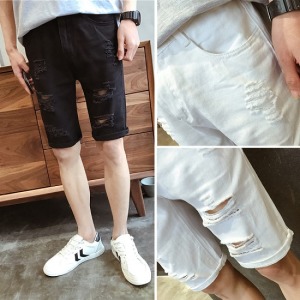 流行刷破五分牛仔褲-DoubleBear