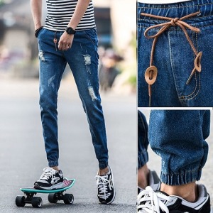 貓抓縮口哈倫鬆緊單寧褲-DoubleBear