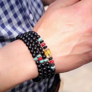 天然黑石108顆六字箴言萬佛珠手鍊-DoubleBear