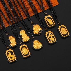 冰種黑曜石鑲金項鍊-DoubleBear