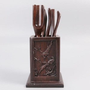 黑檀木喜鶴登枝茶道六君子-DoubleBear