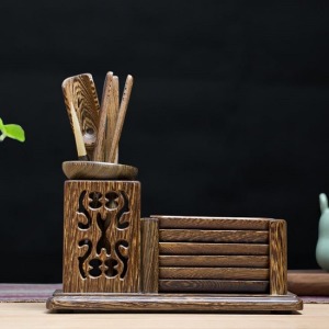 雞翅木四方鏤空帶杯墊套裝茶道六君子-DoubleBear