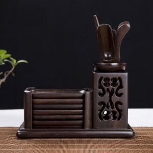 黑檀木四方鏤空帶杯墊套裝六君子-DoubleBear