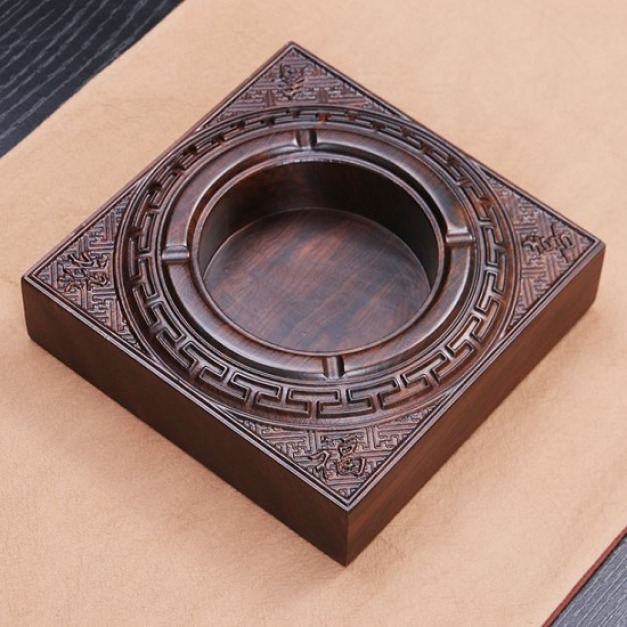 黑檀木平雕福祿壽喜菸灰缸-DoubleBear