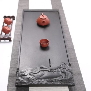 手工雕刻天然烏金石半面佛茶盤_80*30-DoubleBear