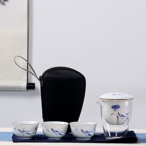 手繪款白瓷一壺三杯過濾旅行茶具-DoubleBear