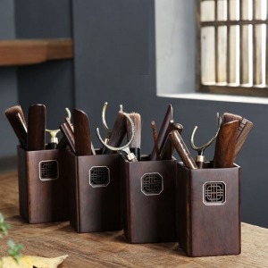 高檔黑檀木鏤空花窗銀線福祿壽禧茶道六君子-DoubleBear