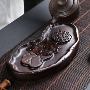 黑檀木荷葉蓮蓮小茶盤_25*18-DoubleBear